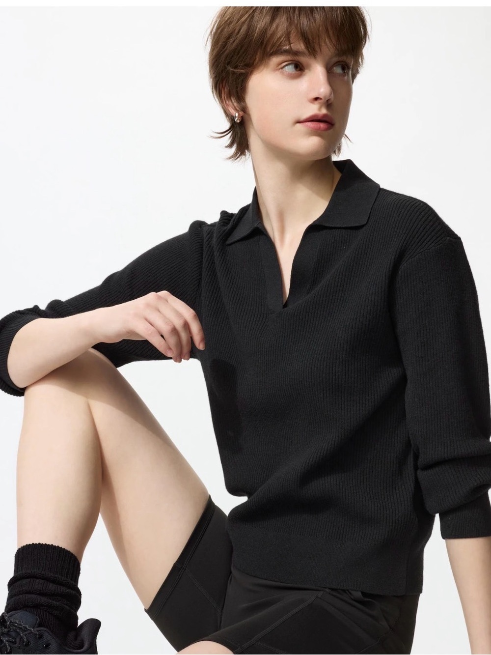 UNIQLO Women's Washable Knit Ribbed Polo Sweater